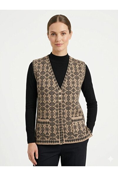 MADAM PARS Women's Authentic Patterned Buttoned Knitwear Vest with Pockets Cl...
