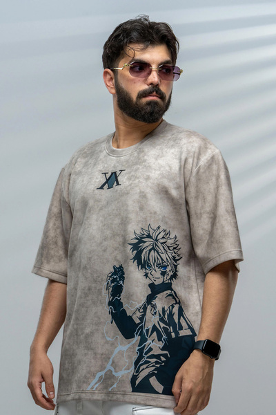 saneafn Beige T-shirt with Killua Zoldyck character design
