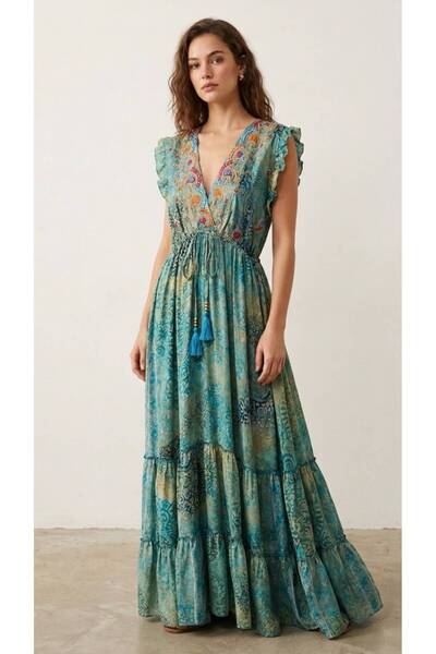 moda gk Shiny Patterned Bohemian Imported Silk Dress with Bead/Embroidery Detail