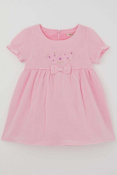Breeze Girl's Dress with Floral Embroidery, Elastic Sleeves and Bow Accessory...