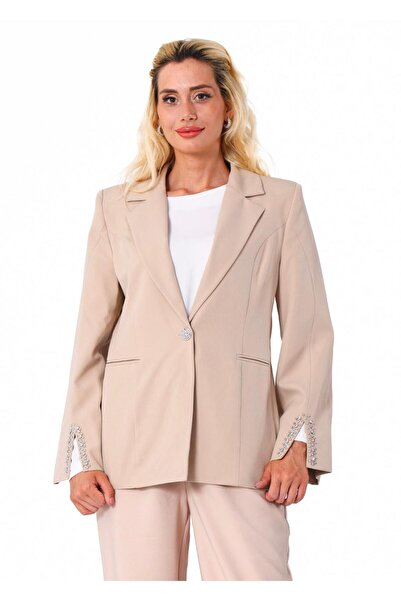 modahira Moda Hira Kadın Kol Detayı Taşlı Blazer Bej Ceket