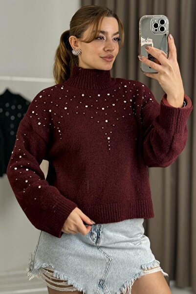 Raneel Kazançlı Alışveriş Women's Turtleneck Sweater with Stones and Pearls, ...