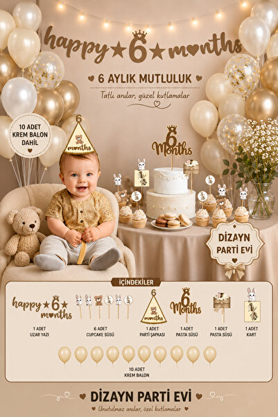 Dizayn Parti Evi 6 Months Kahverengi Konsept Parti Süsü Seti 6 Ay 10 Krem Bal...