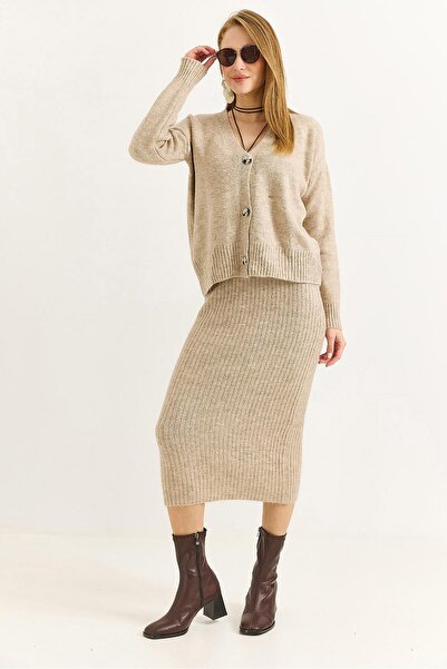 Raneel Kazançlı Alışveriş Women's Knitwear Cardigan Strap Dress Beige