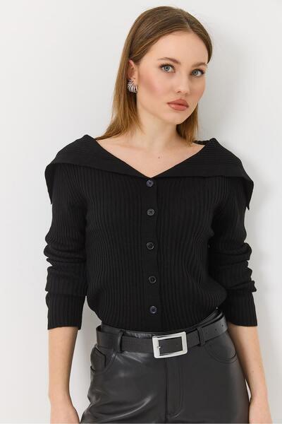 Raneel Kazançlı Alışveriş Madonna Collared Buttoned Knitwear Cardigan Black