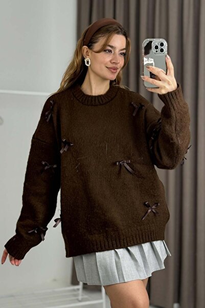 Raneel Kazançlı Alışveriş Women's ribbon detailed oversize knit sweater brown