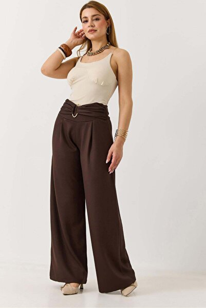 Raneel Kazançlı Alışveriş Women's gold buckle loose modal trousers brown