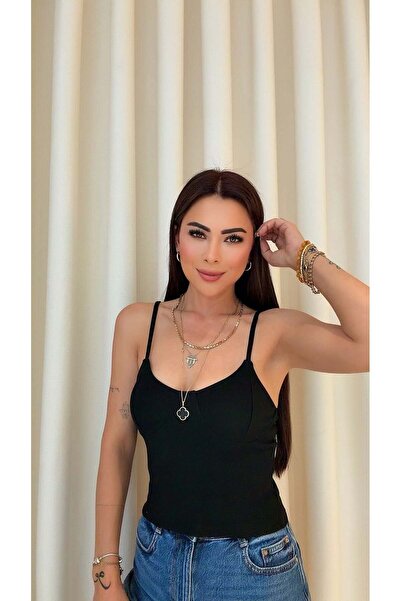DİDEM GÜLTAKTI Redi Women's Strappy Ribbed Black Tank Top