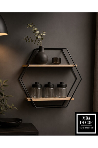 mba decor metal bending art MBA Decor Altıgen Metal Duvar Rafı 42 cm Siyah Doğal Çam Ahşap 2 Katlı Dekoratif Raf