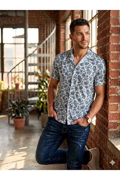 NİDİBAY Men's Summer Shirt Short Sleeve Button-Down Apaj Collar Style Stylish...