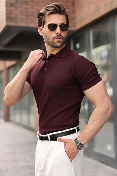 Madmext Polo Collar Knitwear Men's T-Shirt with Plum Snap Closure E7493