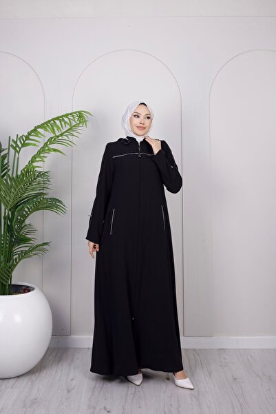 Dayfabric Şerit Detaylı Kapüşonlu Spor Ferace | Siyah