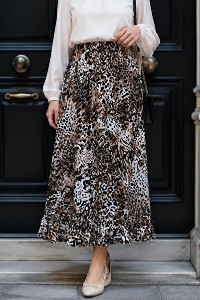 İmajButik Mink Patterned Viscon Skirt with Elastic Waist