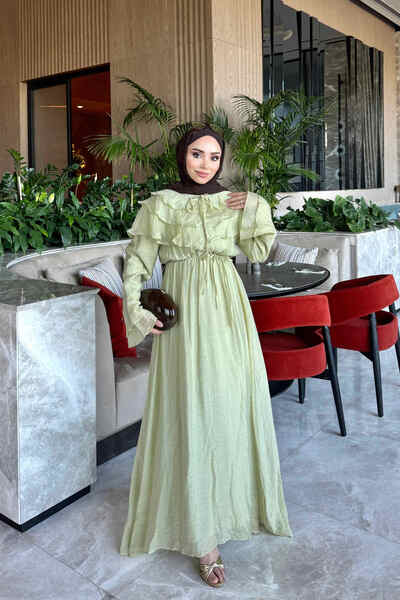 İmajButik Olive Yaka Fırfırlı Bel Lastikli Elbise