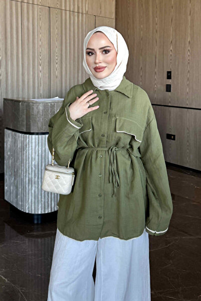 İmajButik Khaki Oversized Muslin Shirt with Tie at the Waist