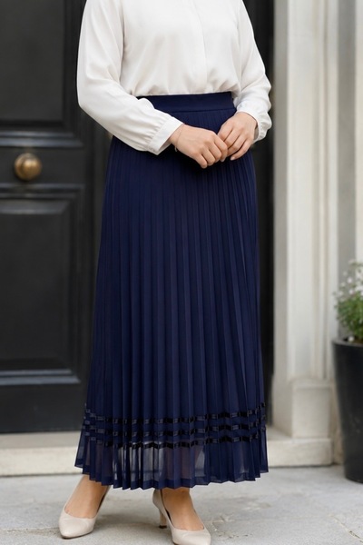 İmajButik Navy Blue Pleated Skirt with Elastic Waistband and Stripes