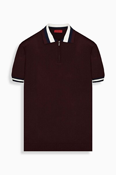 Sarar Polo Yaka Fermuarlı Bordo Triko Tişört INTERVIEW-Bordo - 3XL