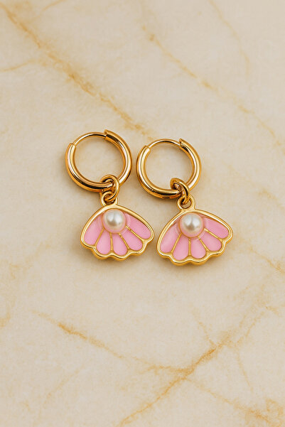 THE Steel Steel Gold Pearl Detailed Seashell Figured Hoop Earrings