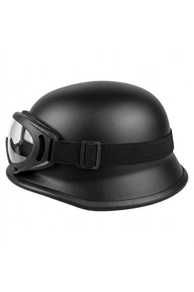 MOTOANL Motosiklet Chopper Kaskı Yarım Retro Cruiser Gözlüklü Kask Mat Siyah