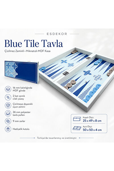 esdekor Blue Tile Patterned Magnetic Mdf Backgammon Set 25X49 cm