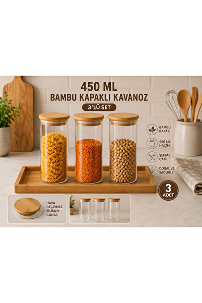 Kitchen Line Set of 3 Glass Storage Jars with Bamboo Lids – Airtight Multi-Pu...
