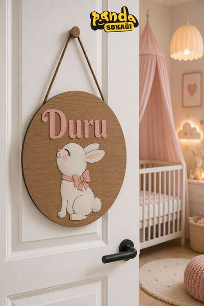 PANDA SOKAĞI Kişiye Özel Tavşanlı Ahşap Kapı Süsü 30 cm 3 mm MDF Çocuk ve Beb...
