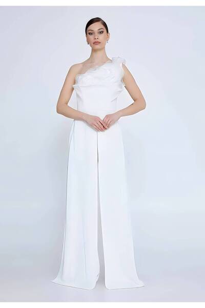 1way White One-Shoulder Jumpsuit with Luxurious Ruffles