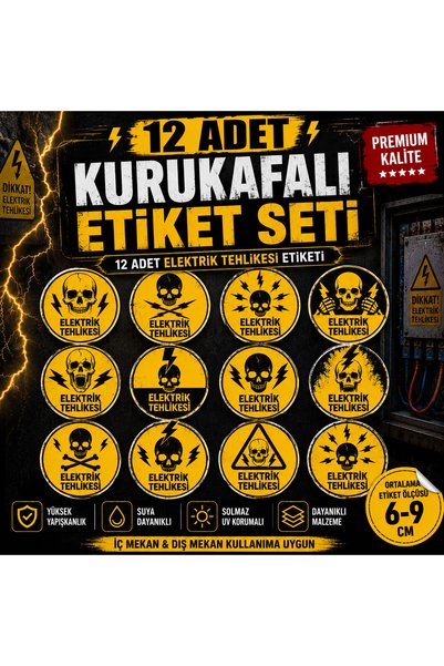 TRİMENT3D مجموعة ملصقات خطر الكهرباء على شكل جمجمة - 12 ملصق تحذيري