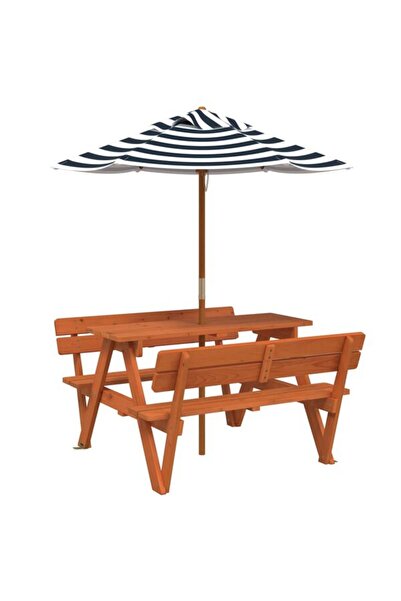 vidaxl Masă de picnic pentru 4 copii, cu umbrelă, din lemn masiv de brad