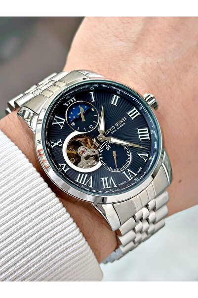 DAVID GUNER Automatic Mechanism Silver-Navy Blue Color Steel Cord Men's Wrist...