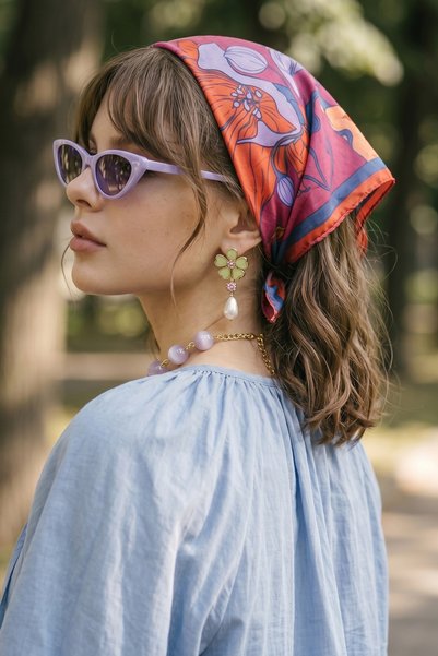 InStyle Floral Patterned Red-Pink Bandana Scarf 50X50