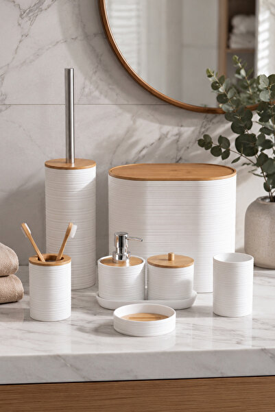 Porsima 4531 8 Parça Akrilik Banyo Seti - Bambu Kapaklı Çöp Kovası, Sabunluk,...