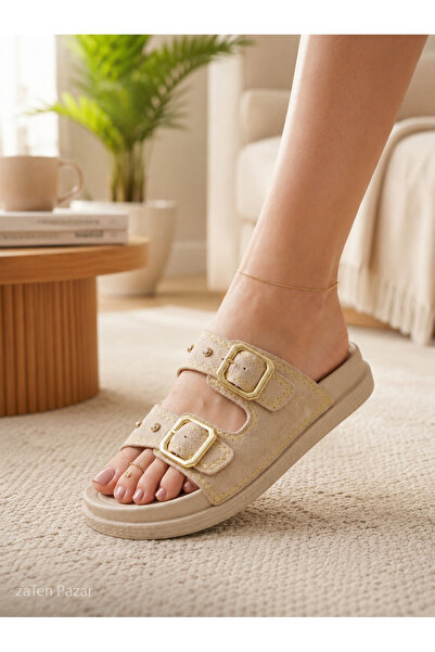 zaTen Pazar Women's Double Buckle Stone Detailed Cream Slippers Ultra Soft An...
