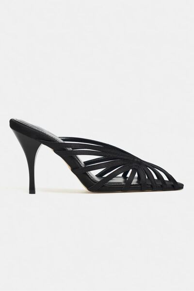 cevaplus Judith Black Satin Open Toe Detailed Caged Women's Heeled Slippers