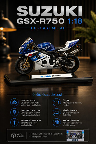 craftivio 1:18 Suzuki GSX-R750 Die-Cast Metal Maket Motosiklet Stantlı Koleks...