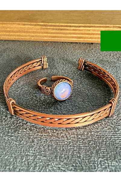 Rupen Kraft Handcrafted copper bracelet and natural stone ring set, adjustabl...