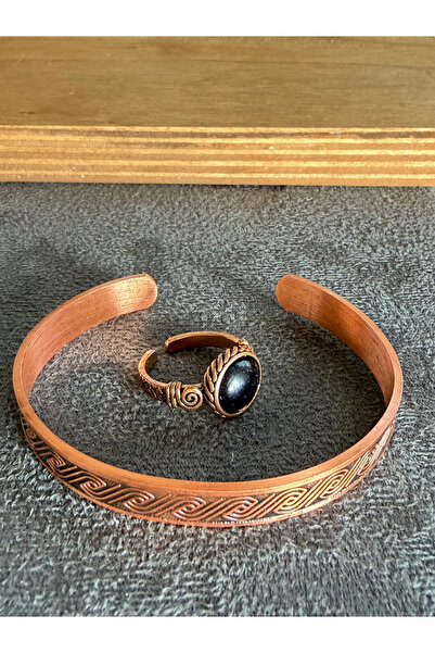 Rupen Kraft Handcrafted copper bracelet and natural stone ring set, adjustabl...
