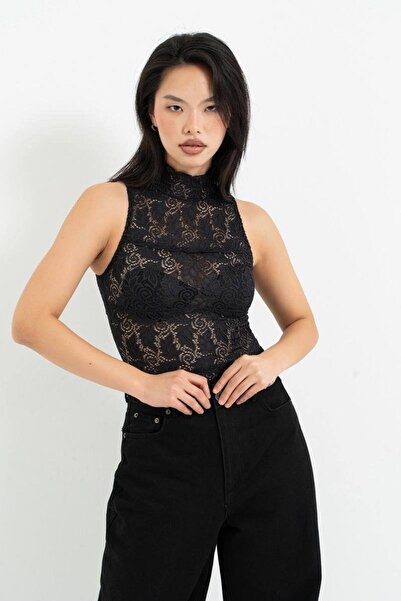 Kikiriki Dik Yaka Kolsuz Dantel Bodysuit Çıtçıtlı Body