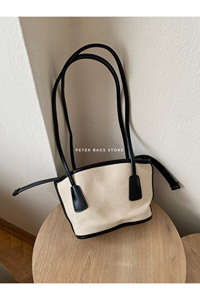 Petek Collection Ivory Drawstring Bucket Canvas Shoulder Bag