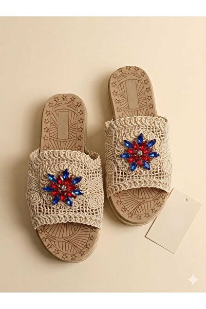 MY STİL MODA Women's Straw Slippers Beige Knit Lace Knitwear Embroidery Embro...