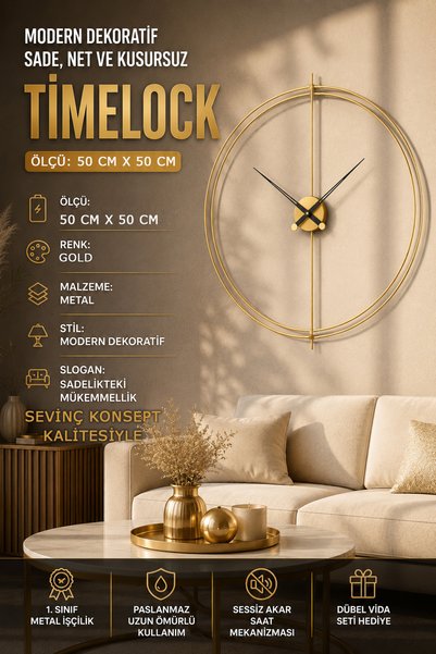 SEVİNÇ KONSEPT GOLD Timelock (Büyük Boy 50 cm x 50 cm) Siyah Modern Dekoratif...