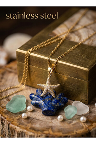 stainless steell 316L Steel Chain Gold Color Sea Star Model Zircon Stone Neck...