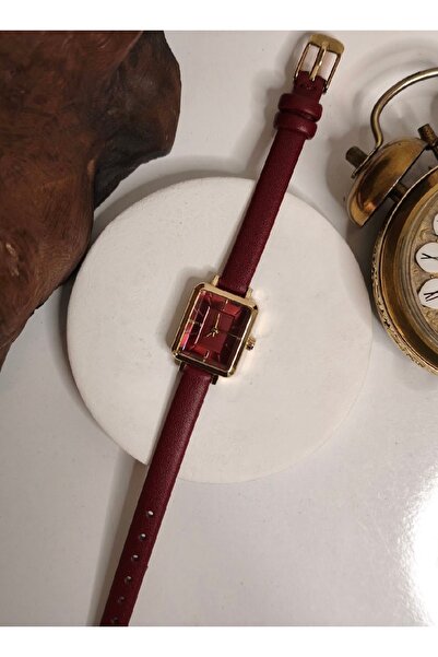 ABAGROUP Women's Burgundy Leather Cord Gold Rectangular Case Wristwatch