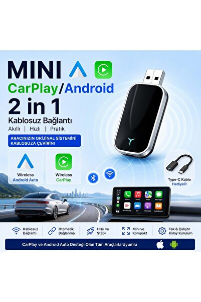 Triline Kablosuz CarPlay Android Auto Mini 2in1 USB Wireless Carplay Dönüştürücü Type-C OTG Destekli