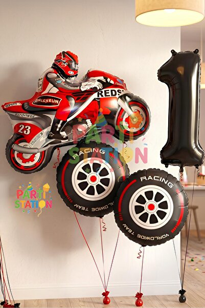 Parti Station Motorcycle Themed 1 Year Old Foil Balloon Set 4 Piece Motorcycl...