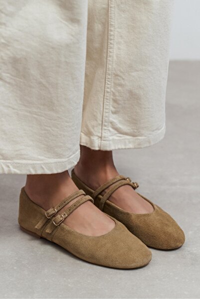 NİŞANTAŞI SHOES James Rome Beige Suede Genuine Leather Double Buckle Flat Sol...