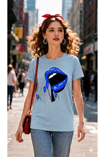 VODEXA Women's Oversize T-Shirt Blue Lip Printed 100% Cotton T-Shirt Comforta...