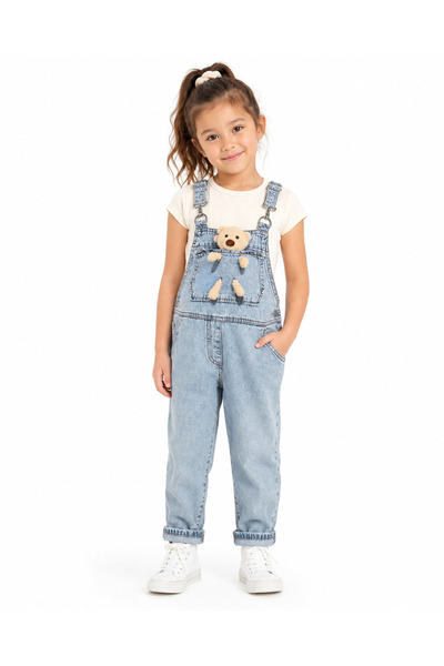 onymino Girl's Blue Denim Salopet 100% Cotton Pocketless Back Detailed Jean O...