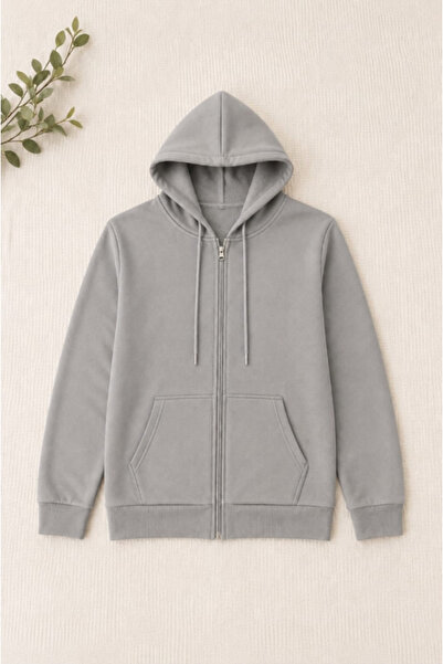 LU DUE Unisex Design Comfortable Soft Textured Smoke Gray Zippered Cardigan S...