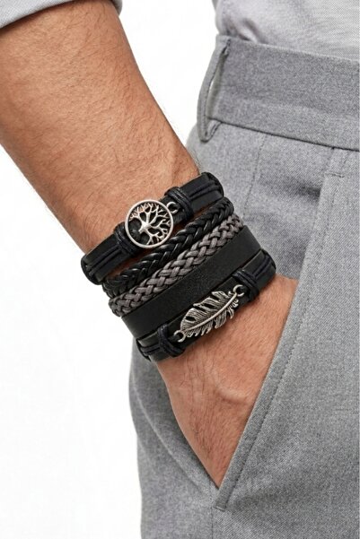 BSN Store 5-Piece Genuine Leather Bracelet Set with Tree of Life and Leaf Des...